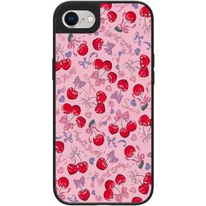 Case for iPhone 7/8/SE 2022(3rd)/2020(2nd), Trendy Aesthetic Pink Cherry Bow Pattern Print, Glossy Hard PC Back Soft TPU Bumper, Slim Shockproof Anti-Scratch Cover for Teen Girls Women