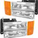 Headlights Assembly Replacement For Chevy Silverado Suburban Tahoe C10 C/K 1500 C2500 C3500 1994-1998, Chrome With Amber Reflector