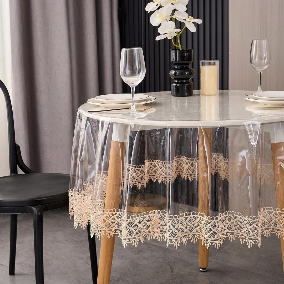 LIBERECOO Clear Tablecloth Protector, 0.15mm Heavy Duty Waterproof Vinyl Table Cover with Elegant Lace Trim, Crystal Clear Oilproof Wipeable Reusable 90 Inch Round Tablecloths for Dining Table 90" (Round)