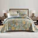 Cotton Bedspread Bedding Coverlet Quilt Sets, Reversible Vintage Branch Floral Bedspread comforters, (Rustic Sage Green Floral Pattern, King Size)