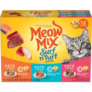 Meow Mix Paté in Gravy Surf n’ Turf Patés Variety Pack, Wet Cat Food, 2.75 oz Cup, 24 Pack  BB 7/18/27