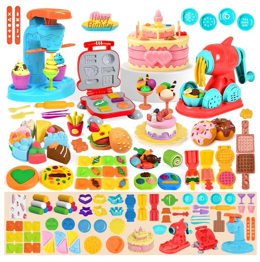 70 PCS 4 in 1 Dough Sets for Kids Ages 3-4-8, Art Crafts Dough Tools Kit, Ice Cream Playset Noodle Hamburger Cake Maker Machine, Kitchen Creations Food Play Toys Toddlers Boys Girls