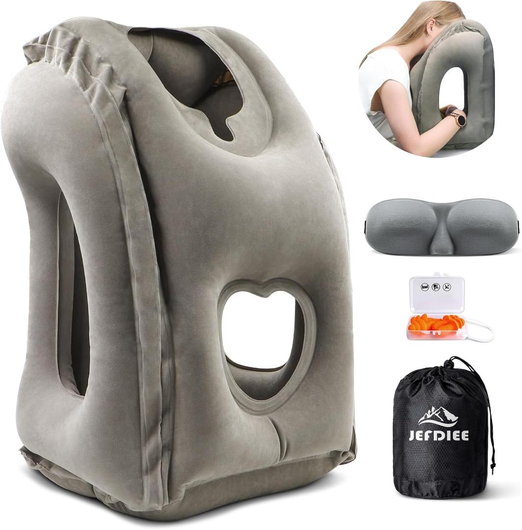 Inflatable Travel Pillow, Airplane Neck Pillow Comfortably Supports Head and Chin for Airplanes, Trains, Cars Office Napping on The Tray Table (Grey)