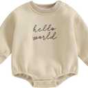 VISGOGO Newborn Infant Baby Boy Girls Oversized Romper Little Dude Sweater Onesie Coming Home Outfit Neutral Clothes (0-3 Months, Hello World-beige)