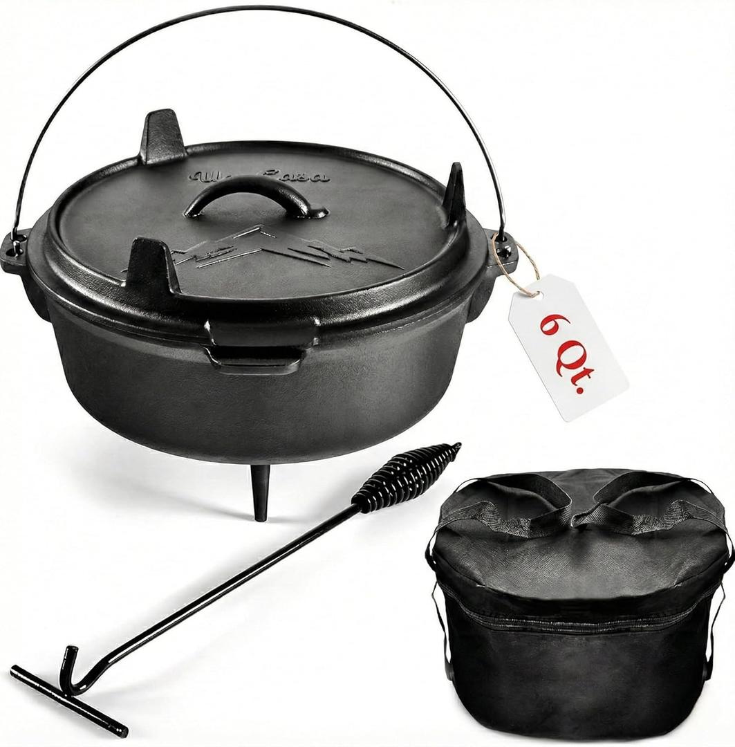 Uno Casa 6Qt Cast Iron Camping Dutch Oven with Lid Lifter and Storage Bag - Pre-Seasoned Outdoor Dutch Oven for Campfire Cooking, Stews, and Baking - Durable Cast Iron Pot for Camping and Hiking, Black