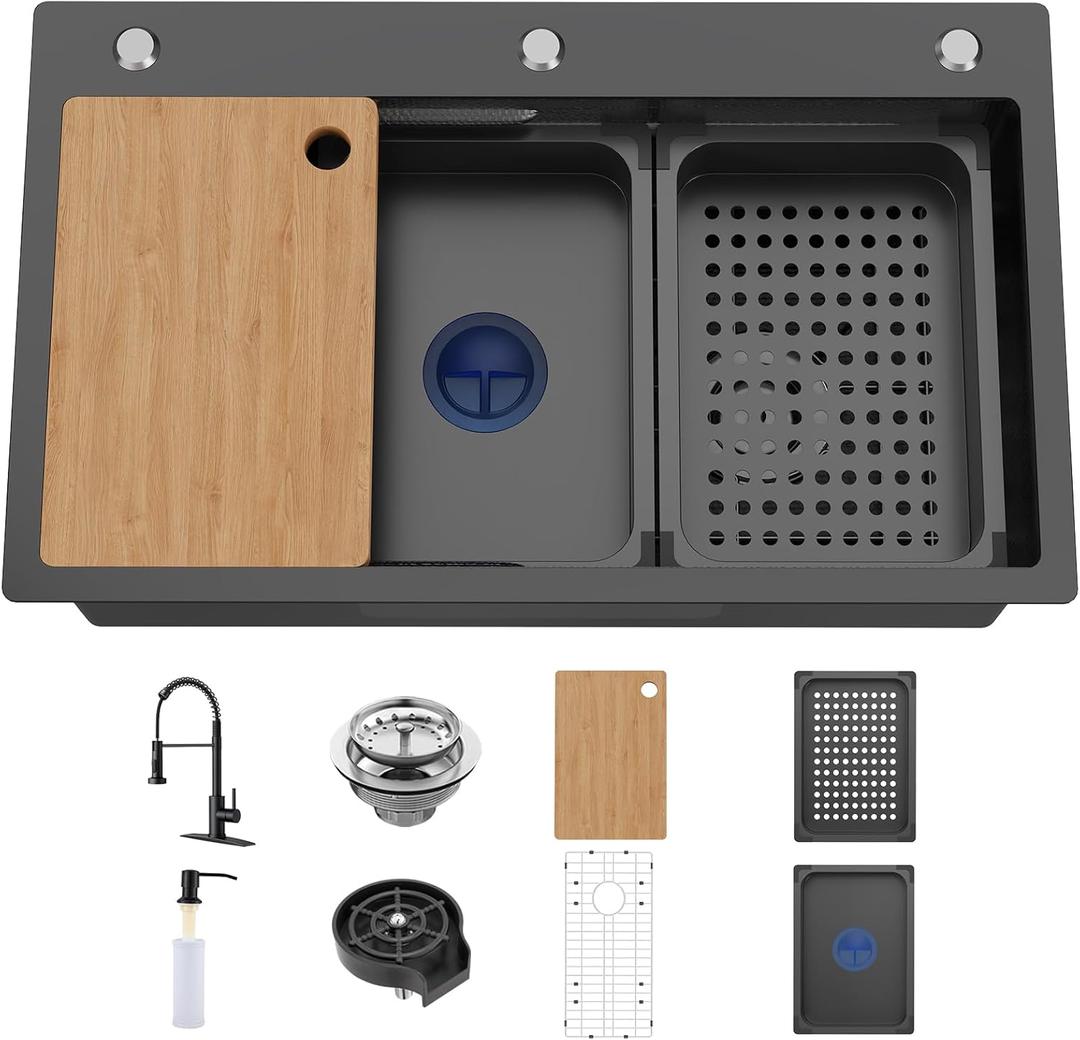29.5x17.7In Black Kitchen Sink Workstation-Stainless Steel Drop In Single Bowl Double-Ledge Topmount All-in-one Workstation Sink With Faucet,Colander,SS Grid,Cutting Board,Cup Washer,Soap Dispenser