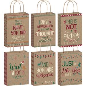 Tenceur 24 Pcs Fun Saying Christmas Holiday Treat Bags - Kraft Christmas Party Favor Goody Bags with Handles - Bulk Xmas Gift Wrapping Supplies