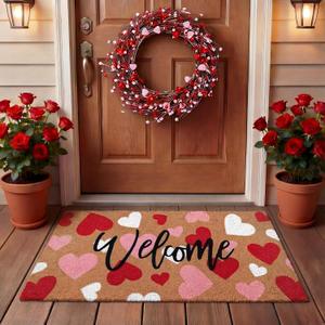 Tingjoo 2 Pcs Valentines Coir Door Mat and Heart Wreath for Front Door Heart Welcome Doormat Red Pink Valentines Decorations for Front Porch Entryway Decor