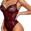 Avidlove Women Lingerie Bodysuit Lace Teddy Snap Crotch One Piece Underwire Babydoll (Small, Deep Red)
