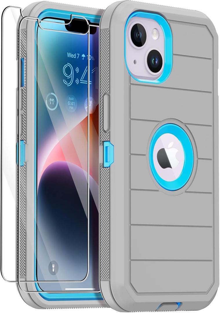 for iPhone 14 Case with 2 Screen Protector,Full Body Shockproof Drop Protection Dust Proof Heavy Duty 3-Layer Rugged Durable Military Grade Cover for Apple iPhone 14 6.1" (Gray/Blue)