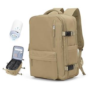 Vacuum Travel Backpack with Pump for Women, Airback Personal Item Carry on Backpacks Flight Approved 18x14x8 inches for Men, Laptop Waterproof Work Compression bags Casual Daypack Khaki