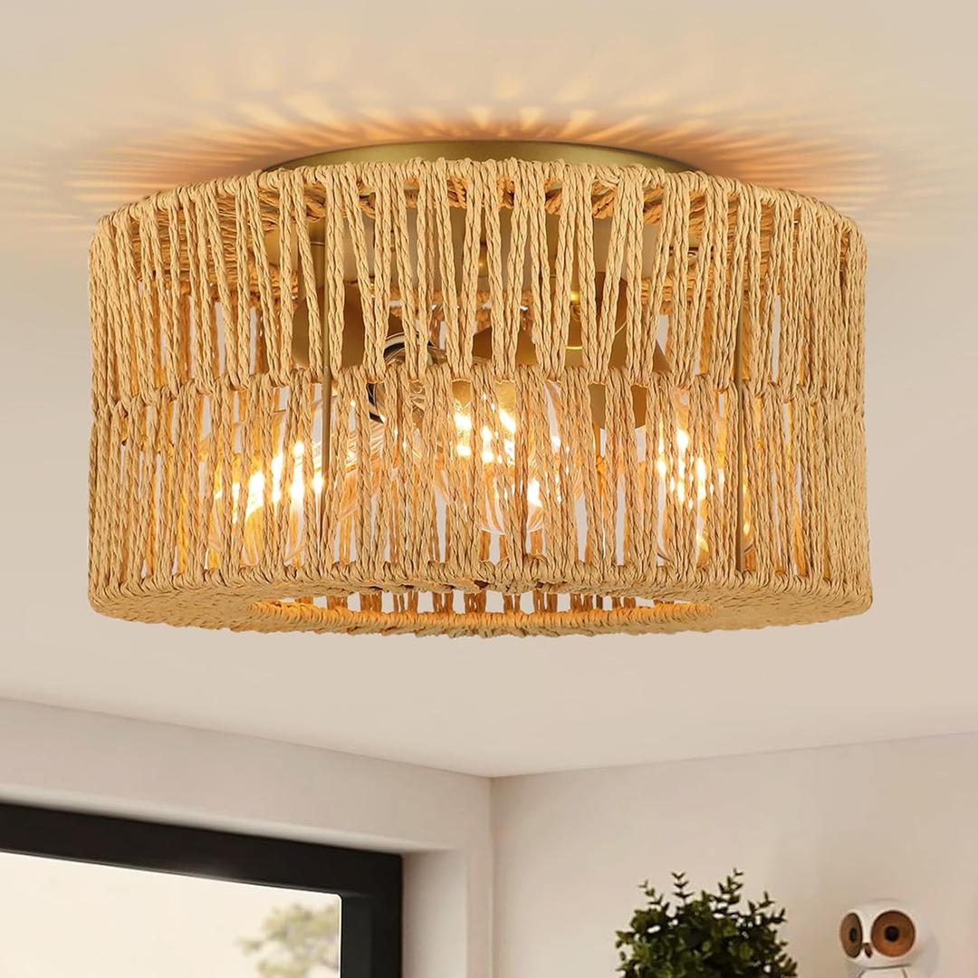 Boho Light Fixtures Ceiling Mount,3-Light Rattan Ceiling Light Flush Mount Ceiling Lighting, Woven Chandelier for Farmhouse Living Bedroom Kitchen Nursery