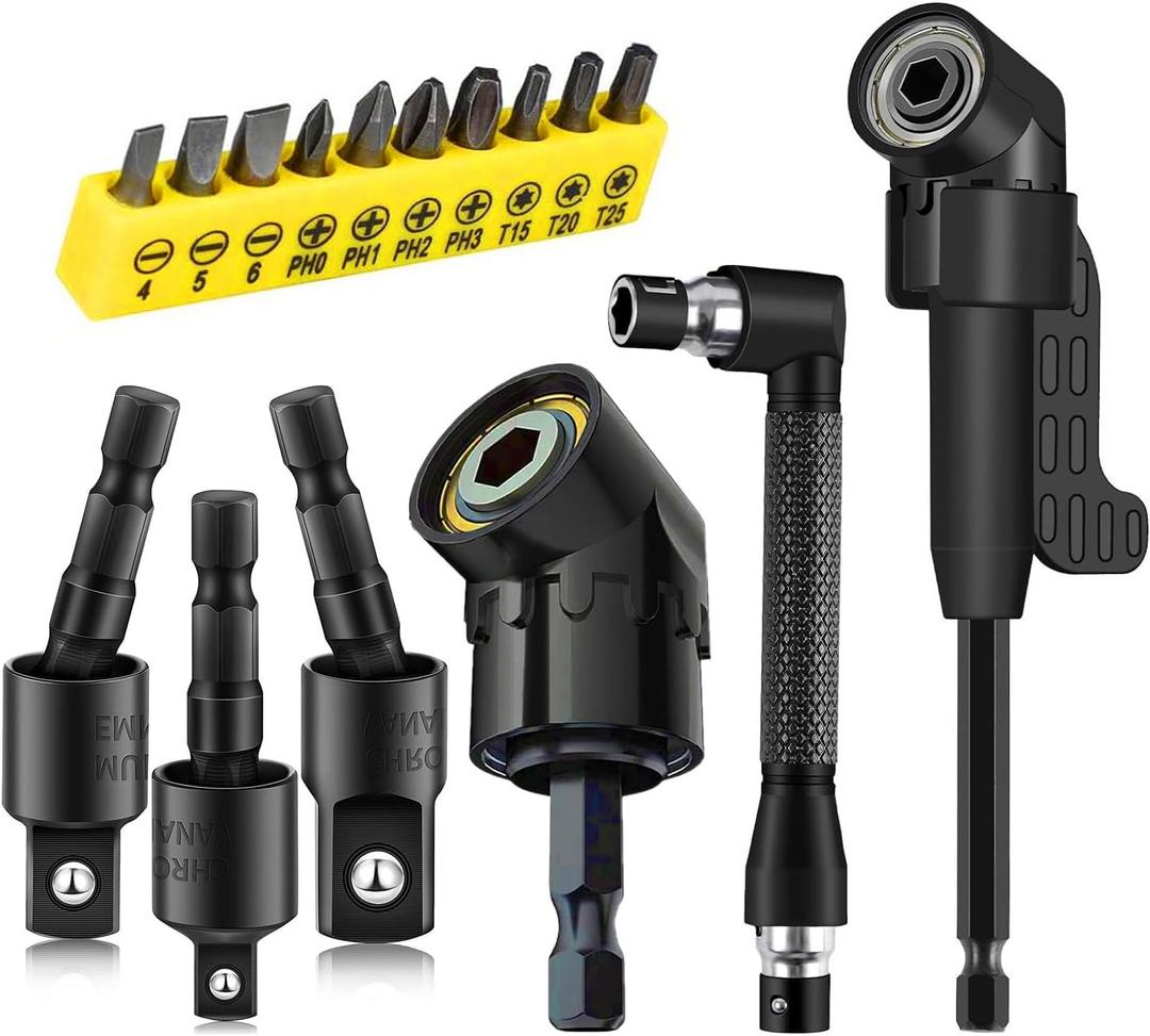 Tools 16pcs Flexible Drill Bit Extension,Include 3pcs Drill-Bit-Kit Joint Socket 1/4 3/8 1/2 in Hex Socket Adapter,2pcs 105 Right Angle Drill Attachment,10 Short Screwdriver Bit Set & 90 Angled Bits