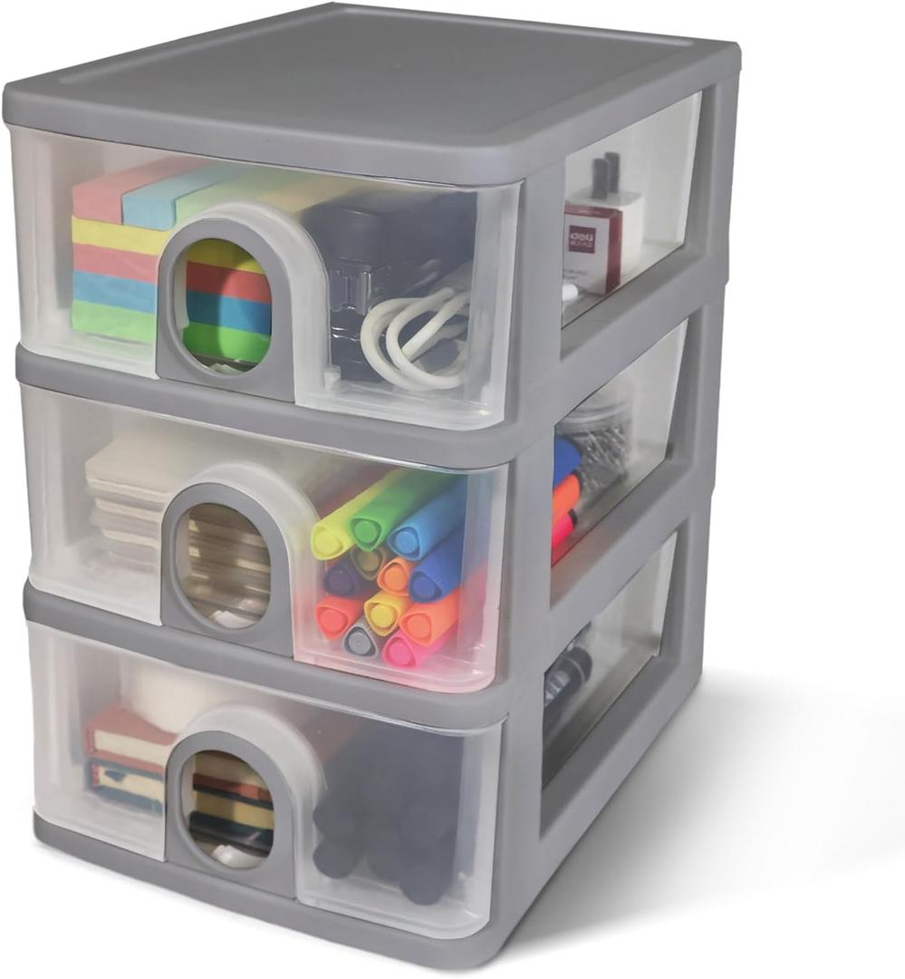 Desktop Storage Drawers Desk Organizer with Drawers, 3 Drawers Organizing Drawers Clear Small Plastic Storage Drawers for Crafts, Accessories, Stationeries, Office Supplies, Pens (1Pack) (Gray)