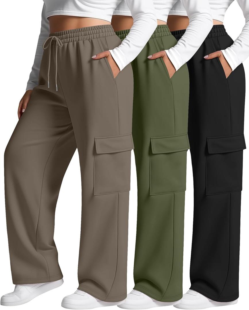 Neer 3 Pack Women's Plus Size Cargo Sweatpants Wide Leg Drawstring Bottom Pants Baggy Loose Casual Athletic Trousers (4X-Large, Black, Light Coffee, Army Green)
