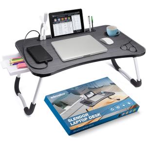 Slendor Lap Desk with Tablet Slot, Foldable Laptop Table with Storage Drawer for BedPortable Bed Desk for Laptop, Computer Tray with Cup Holder Notebook Stand Reading Holder for Couch Floor, Black