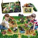 Mini Tudou 12 Pcs Safari Animals Figures Toys w/ 57x38.6 Large Activity Play Mat, Realistic Jumbo Jungle Wild Zoo Animals Figurines Playset w/Elephant, Giraffe, Lion for Kids Boys