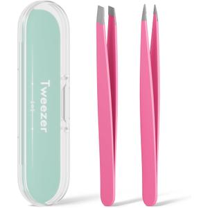 Tweezers for Women Facial Hair, Slant & Pointed Tweezers for Eyebrows, Ingrown Hair, Splinter Removal, 2 Pack Tweezer Set, Professional Stainless Steel Eyebrow Tweezers for Men and Women, Pink