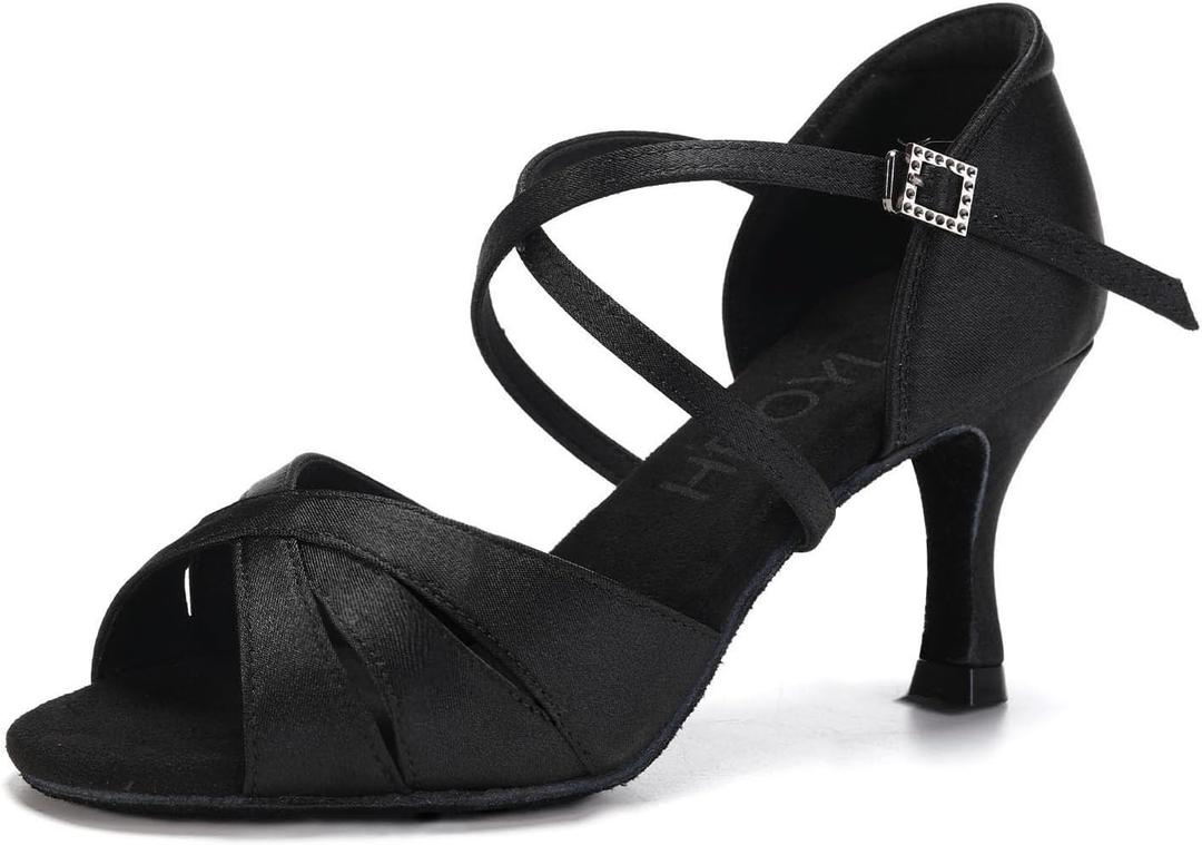 HROYL Women Latin Dance Shoes Professional Practice Performance Ballroom Salsa Dancing Shoes (8.5, Black-suede Sole 3inch Heel-l3047)