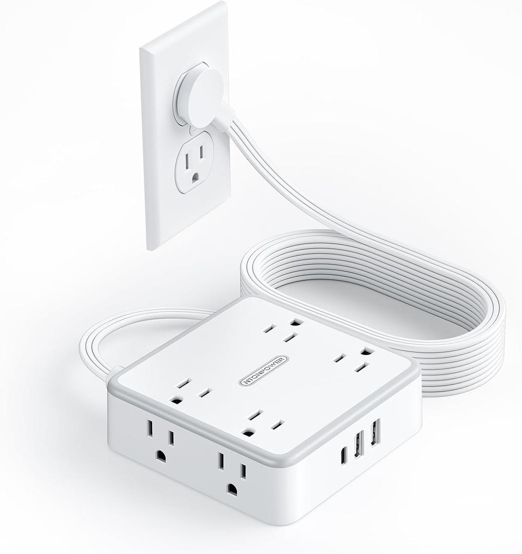 Flat Extension Cord 10 FT, Surge Protector Power Strip with 8 Outlets 3 USB Ports, Flat Plug Surge Protector, Wall Mount Outlet Extender, Indoor Extension Cord with Multiple Outlets, White