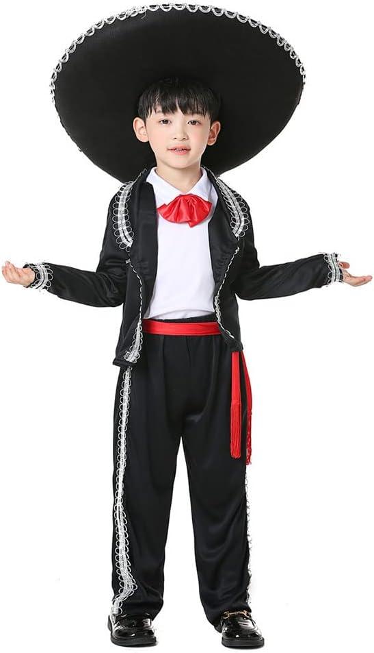 Boy Mexican Costume Kids Traditional Mariachi Amigo Dance Cosplay Costumes Halloween Outfit Bowtie Belt Suit Outfit (Large, Black)