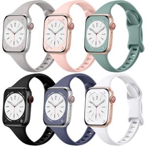 Lerobo 6 Pack Compatible for Apple Watch Band 38mm 40mm 44mm 42mm 41mm 45mm 46mm 49mm Women Men,Soft Narrow Replacement Sport Strap Thin with iWatch Apple Watch Series 10 9 Ultra 8 7 6 5 4 3 2 1 SE (Black/ Sand Pink/ Blue Gray/ Light Gray/ Pine Green/ White)