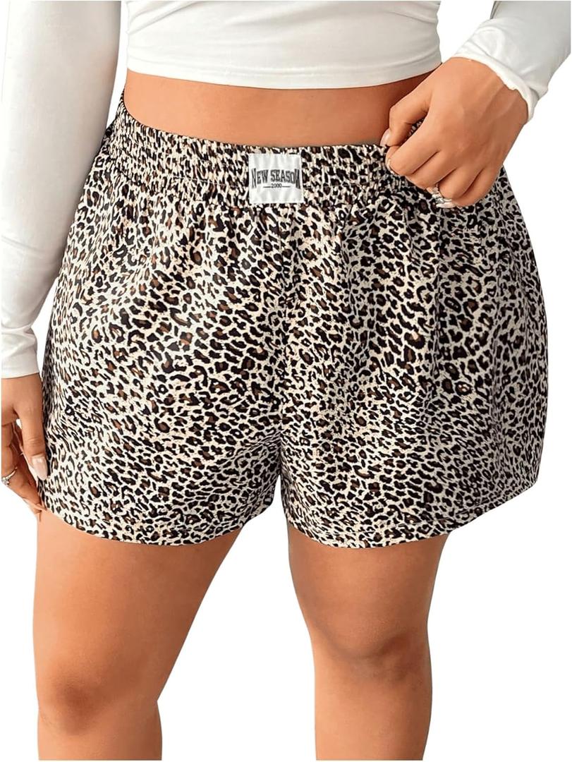 MakeMeChic Women's Plus Size Leopard Print Shorts Elastic Waist Wide Leg Loose Y2K Boxer Shorts (Multicolor), Size: X-Large Plus