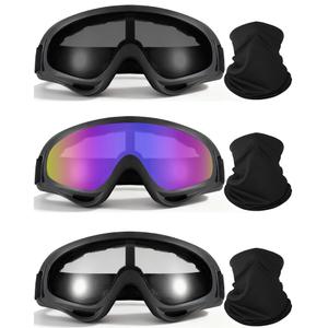 YISUGOOC 3 Pairs Motorcycle Goggles UV Protection Ski Goggles With 3 Pieces Neck Gaiter Riding Dust And Windproof (Blue/Black/White)