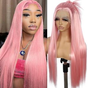 SAPPHIREWIGS 136 Pink Lace Front Wigs Long Straight Glueless Synthetic Lace Front Wigs Pre Plucked Pink Heat Resistant Hair for Women Daily Party Cosplay Use 26 inch
