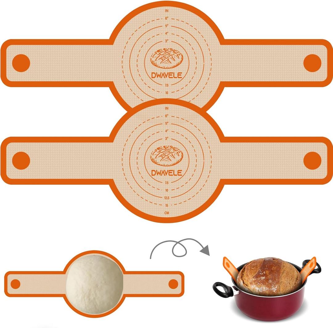 Silicone Bread Sling for Dutch Oven, Non-Stick & Easy to Clean Bread Baking Mat Set, 2 Pcs Reusable Bread Sling with Long Handle to Transfer Sourdough (Orange)
