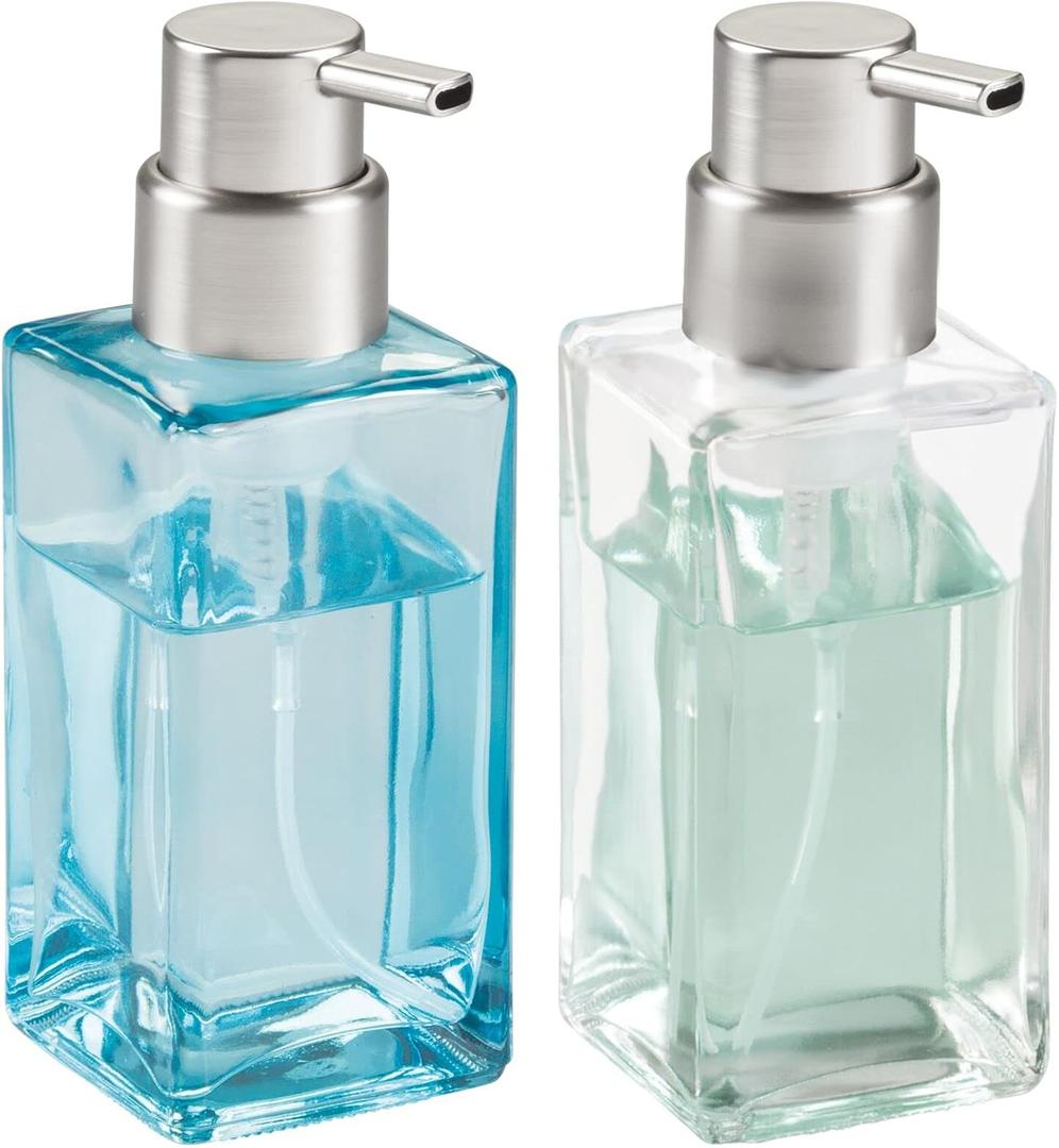 mDesign Glass Refillable Foaming Hand Soap Dispenser Modern Square Pump Bottle for Bathroom Vanity or Kitchen Sink, Countertops - Casi Collection - 2 Pack - Blue/Brushed, Clear/Brushed