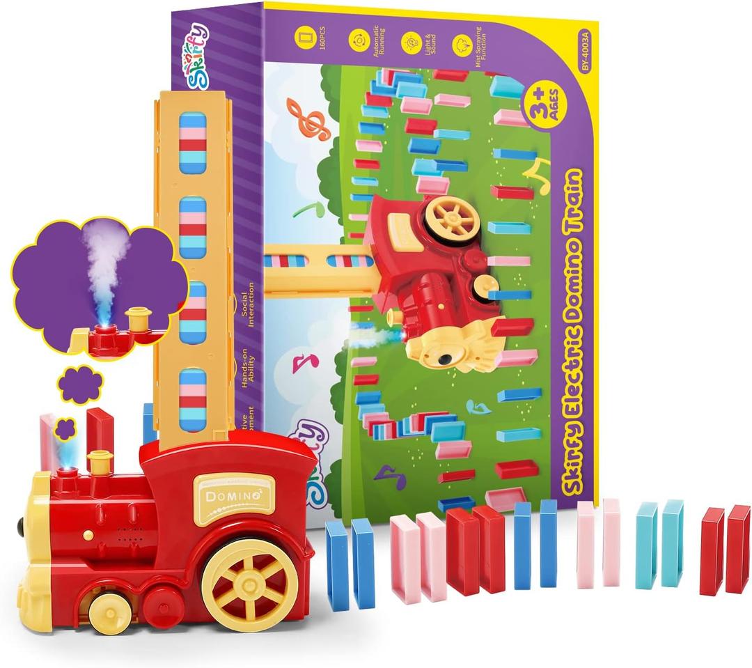 Skirfy Birthday Gift Kids Toys Dominoes Train Set- 160PCS Domino Blocks Set Automatically Run with Real Steam Function, with Lights and Sound,Creative Toys for Kids Aged 4-8 with Storage Bag (Red160pcs)