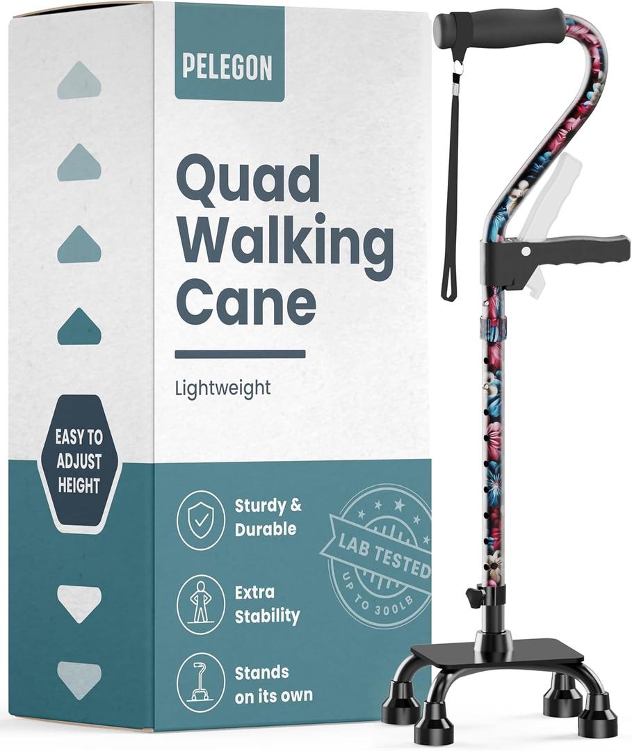 PELEGON Quad Cane (300LB) - Adjustable Walking Cane with A Large 4 Pronged Base for Extra Balance & Stability, Walking Canes for Seniors, Walking Cane for Men & Women, Walking Sticks (Flowers)