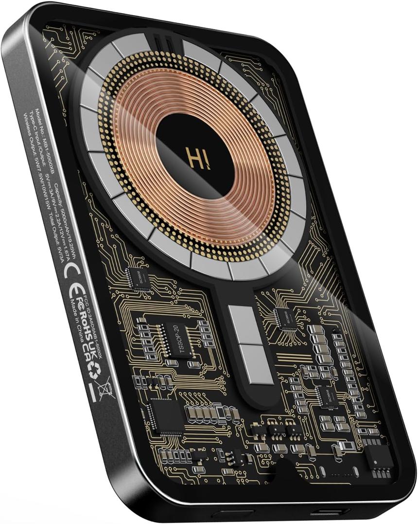 5000mAh Magnetic Wireless Power Bank, 15W Fast Charging Battery Pack with 20W USB-C, Portable Charger for iPhone 16/15/14/13/12 Series, Transparent Visible Shell with Mirror