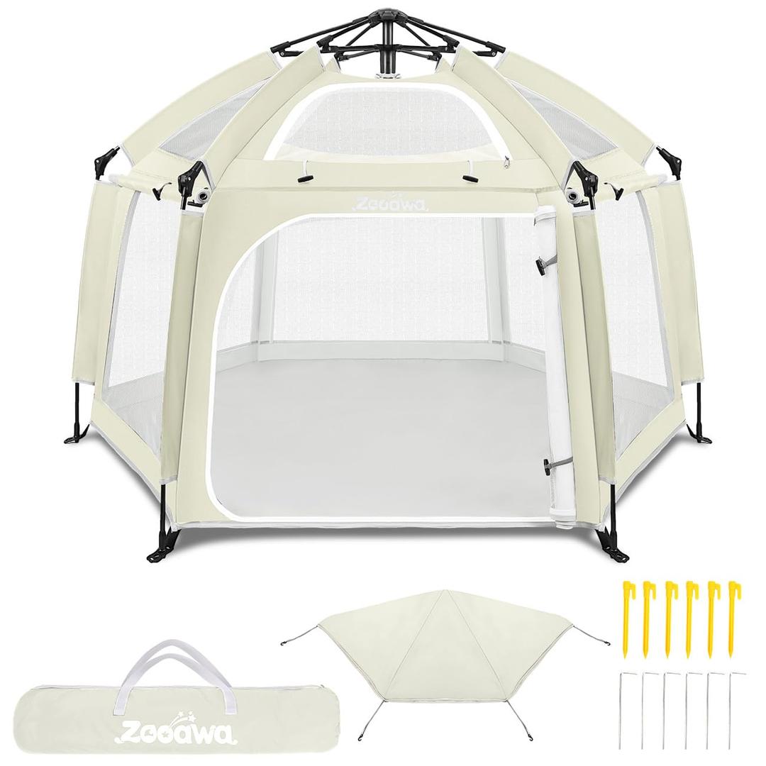 Pop Up Playpen for Baby, Portable Playpen for Babies and Toddlers with Removable Sun-Shades& 2 Side UV Covers, Lightweight Outdoor Baby Play-Pen for Beach Home with Travel Bag, Beige
