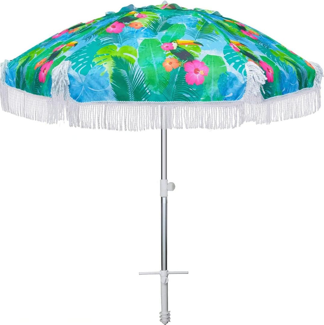 AMMSUN 6.5ft Heavy Duty HIGH Wind fringe Beach Umbrella with sand anchor Vent Tilt Portable Sun Shelter UPF 50+ Windproof Outdoor Sunshade Umbrellas Carry Bag for Patio Garden Pool Backyard Sports
