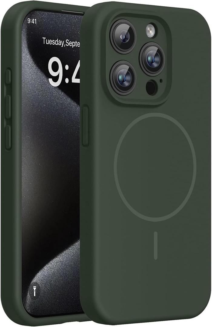 Miracase Magnetic for iPhone 15 Pro Case, [Soft Anti-Scratch Microfiber Lining], Compatible with MagSafe, Liquid Silicone Shockproof Drop Protection Phone Case for 15 Pro, Dark Green
