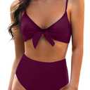 Blooming Jelly Womens High Waisted Bikini Set Tie Knot High Rise Two Piece Swimsuits Bathing Suits (Large, Dark Purple)