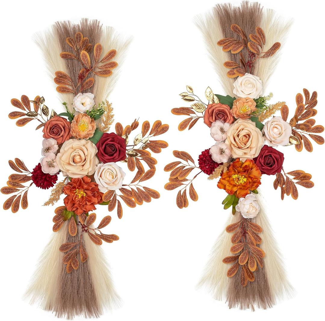 Lisuun Wedding Arch Flowers, Artificial Floral Decor for Wedding Ceremony & Reception, Standard Size Large Flower Swag Set for Backdrop & Welcome Sign, Pack of 2 (Autumn Chrysanthemum Pampas)