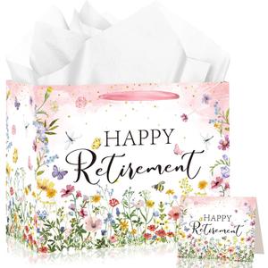 Wildflower Retirement Gift Bag for Women, Retired Gift Bag with Tissue Paper and Card Happy Retirement Gift Wrapping Paper Retired Gifts for Women Farewell Going Away Party Favor Bags Supplies (Light Pink)