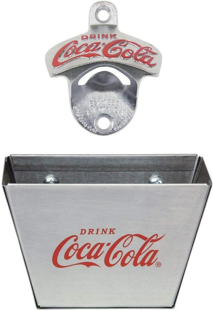 Tablecraft 1 X Coca Cola Wall Mount Bottle Opener and Coca Cola (Coke) Bottle Cap Catcher Set
