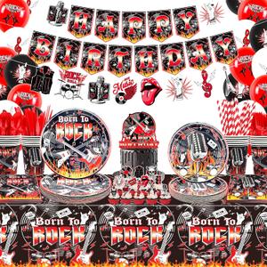 Rock and Roll Party Decorations, Including Happy Birthday Banner, Plate , Napkins, Tablecloth, Hanging Swirls, Cake Toppers, Balloons, for Rock Music Theme Party Supplies Serves 20 Guest