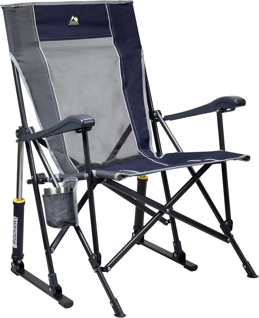 GCI OUTDOOR RoadTrip Rocker Camping Chair | Portable, Folding Rocking Chair with Solid, Durable Armrests, Drink Holder & Comfortable Extended Backrest Indigo Blue
