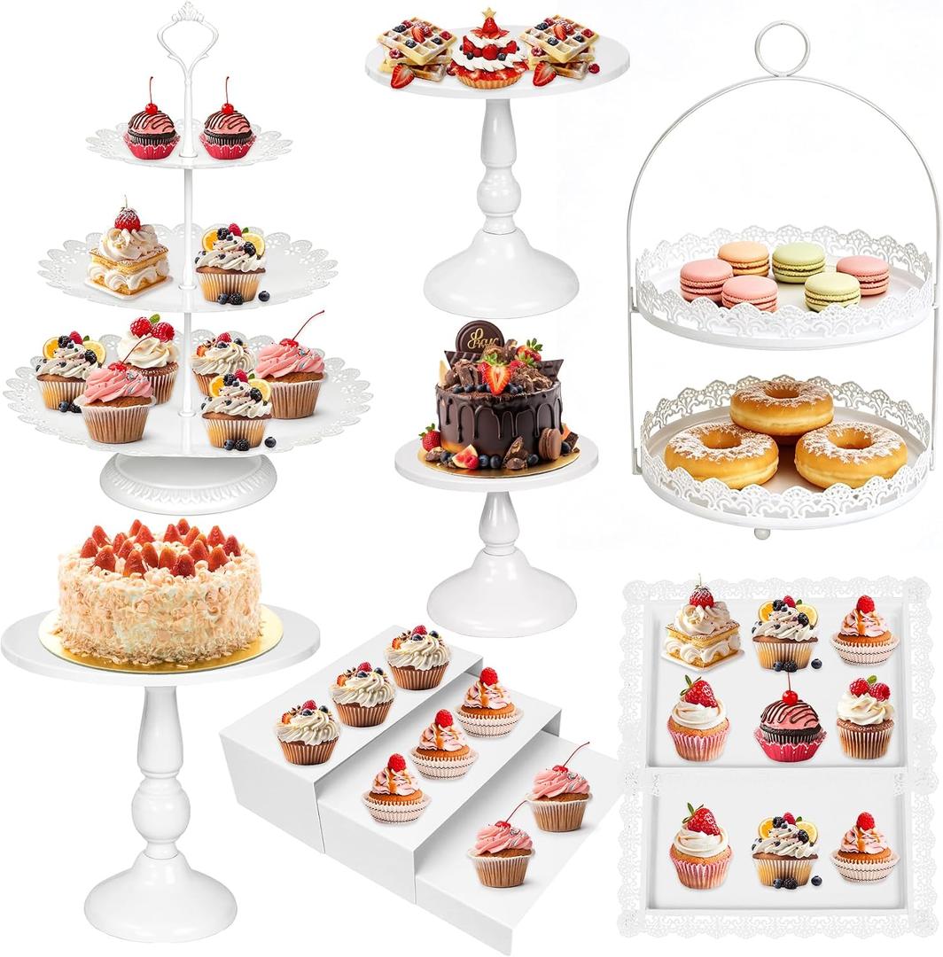 10 Pcs White Cake Stand Set Metal Cupcake Stands, Multiple Styles Dessert Display Tower for Candy Fruit, Cake Serving Trays for Birthday, Wedding, Anniversary, Baby Shower, Engagement Party