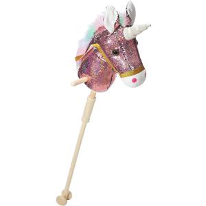 HollyHOME Sequin Unicorn Stick Horse Handcrafted Hobby Horse on a Stick with Wood Wheels Real Pony Neighing and Galloping Sounds Plush Unicorn Toy Pink 36 Inches(AA Batteries Required)