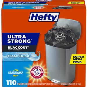 Hefty Ultra Strong Trash Bags, Black Tall Kitchen Trash Bags 13 Gallon Size, Break Resistant Drawstring Enclosure, Continuous Odor Control, Blackout, Clean Burst Scent, 110 Bags