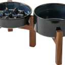 Havniva 0.9 Cup Elevated Slow Feeder Dog Bowls, 6.1 Dog Slow Feeding Bowls + 6.1 Ceramic Dog Water Bowls Set with Acacia Wood Stand, Dog Food Bowls Puzzle Feeder for Small Dogs Non-Slip Anti-choking