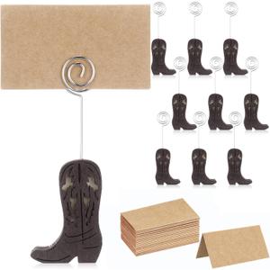 Havawish 10 Set Wooden Cowboy Boot Place Card Holders and Kraft Place Cards Double Sided Pattern Cowboy Boot Table Number Photo Holder Menu Memo Clip Decoration for Wedding Party Favor (Dark Brown)