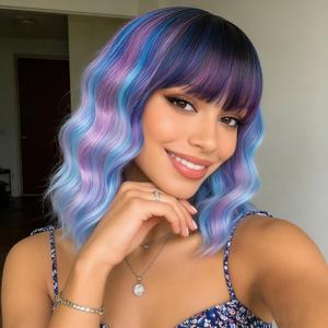 2 x Short Bob Wig with Bangs Colorful Wigs for Women Short Wavy Wig Synthetic 14 Inches Cosplay Wig Natural Hair Replacement Wigs Costume Shoulder Length Wigs for Grils Daliy Party Use