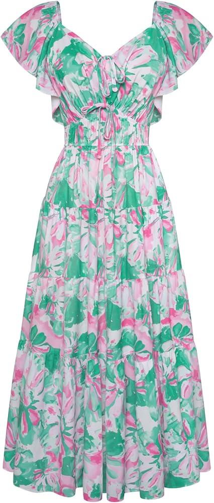 GRACE KARIN Womens 2025 Floral Summer V-Neck Ruffle Sleeve Empire Waist A-Line Casual Maxi Tiered Dress with Pockets M